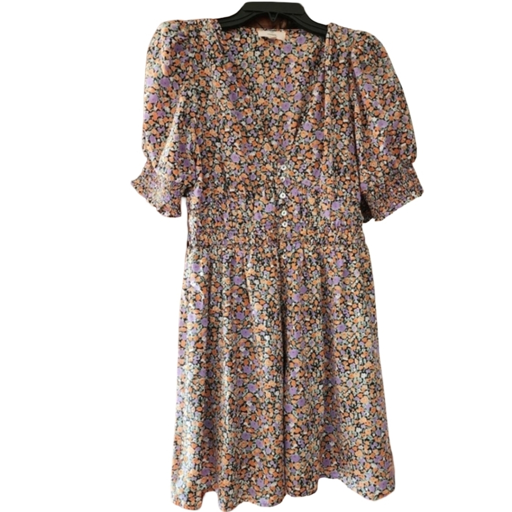 ENTRO Boho Ditsy Floral Dress | V-Neck Ruched Sleeves & Button Detail Sz S EUC